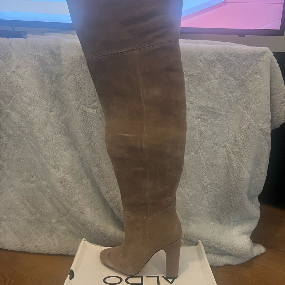 Aldo Taupe Over-the-Knee Suede Block Heel Boots